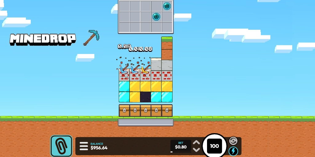 Mine Drop - Logo del juego y gameplay del minedrop slot